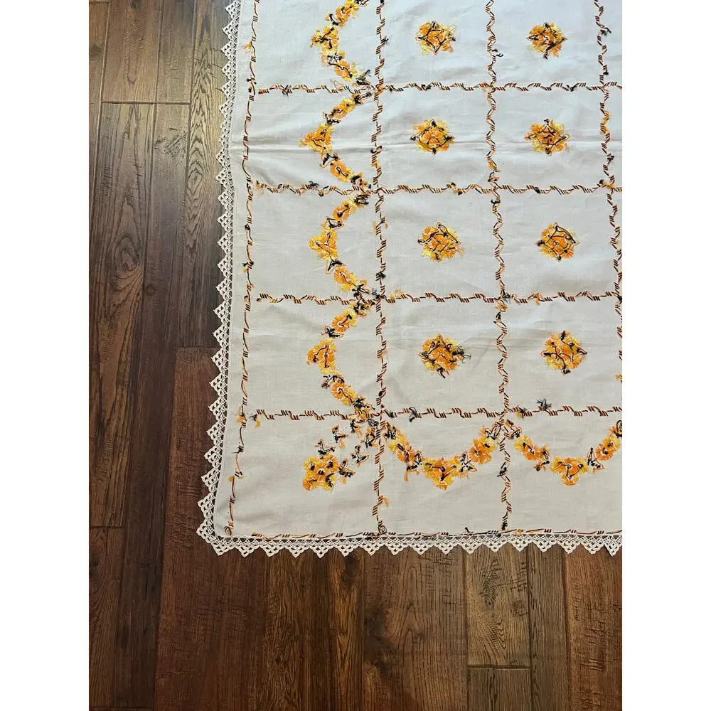 Vintage Embroidered Tablecloth Autumnal Orange Yellow Floral Crochet Lace Border